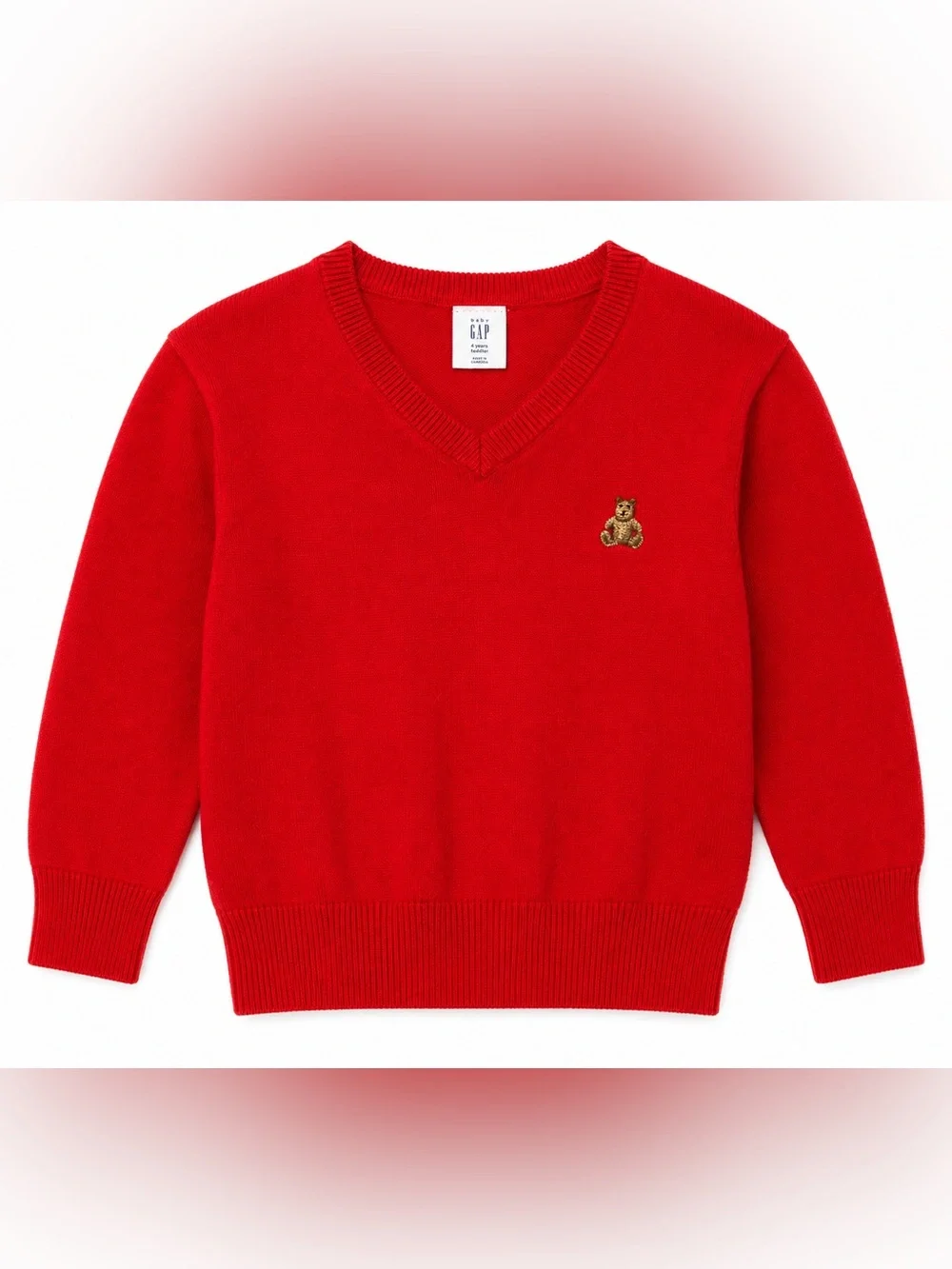 Baby Gap Boys 4T Red V-Neck Teddy Bear Cotton Sweater